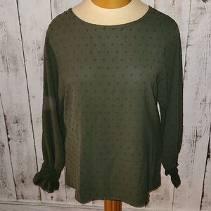 Swiss Dot Crew Neck Long Sleeve Blouse